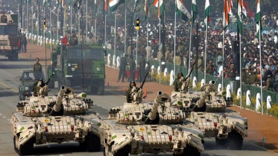 Indian Army tanks take part in the Republic Day parade in New Delhi January 26, 2007. Security forces were on high alert in India on Friday, especially in the troubled northeast and Kashmir, as the nation hosted Russia's President Vladimir Putin in Republic Day celebrations showcasing its military might. REUTERS/B Mathur (INDIA)