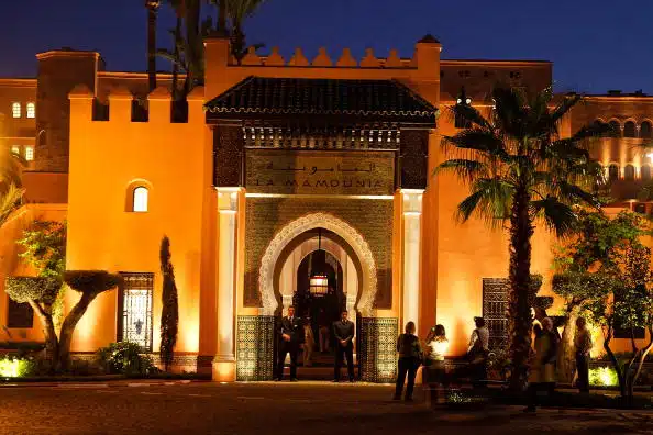 MARRAKECH, MOROCCO - DECEMBER 08: A general view of the entrance gate by night at Hotel La Mamounia on December 8, 2009 in Marrakech, Morocco. The luxury hotel has recently re-opened following a three-year renovation project.(Photo by Fizcairn/Getty Images)